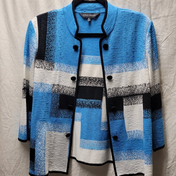 Ming Wang PL Blue, White, and Black Knit Jacket - Picture 1 of 3